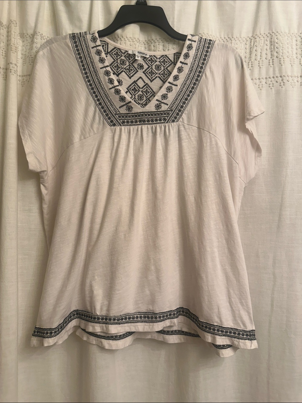 Sonoma White Short Sleeve V neck Blouse with Black Embroidery Trim